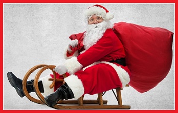 obrazek przedstwia świętego Mikołaja na sankach z workiem prezentów