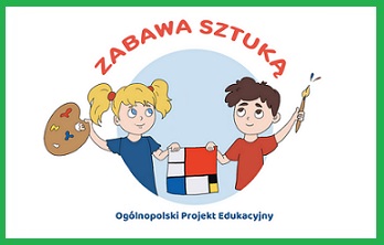 obrazek przedstawia logo projektu zabawa sztuką, na którym znajdują sie dzieci z akcesoriami malarskimi