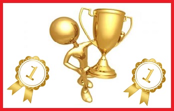 obrazek przedstawia złoty rysunek zwycięzcy z pucharem w rękach oraz dwa złote medale